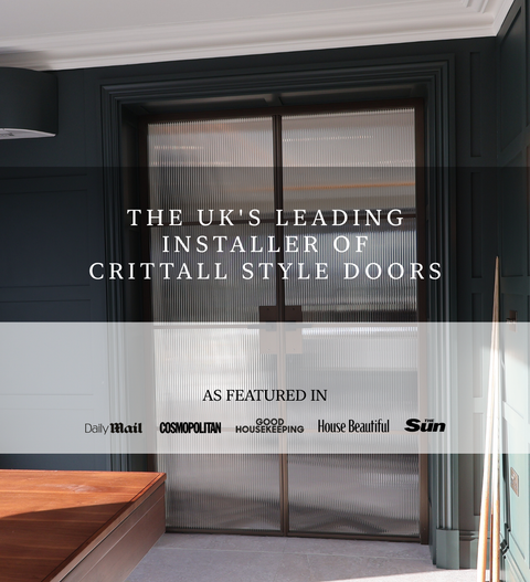 Crittall style door with text overlay about installation services and media mentions.