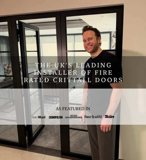 Fire Rated Crittall Doors in black steel with slim sightlines, shown as internal double doors with glass panels