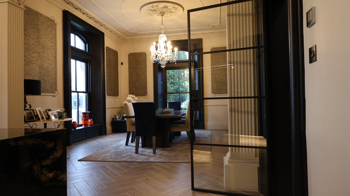 Crittall Style door installed in a open plan kitchen by Steel Door Company
