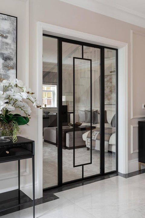 Internal glass doors in a modern interior design, white flowers, and a stylish decor.