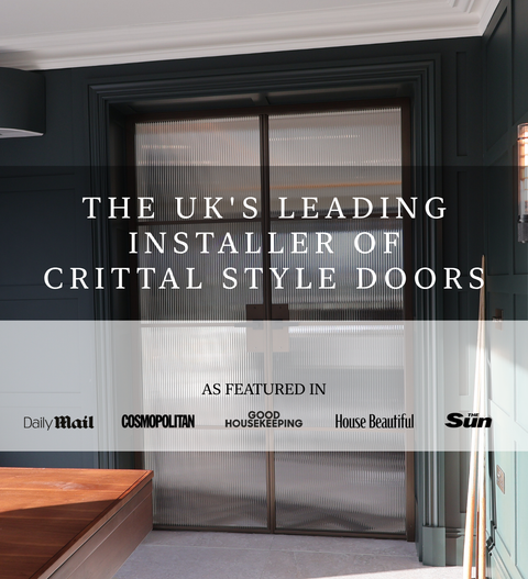 Crittall style door with text overlay about installation services and media mentions.