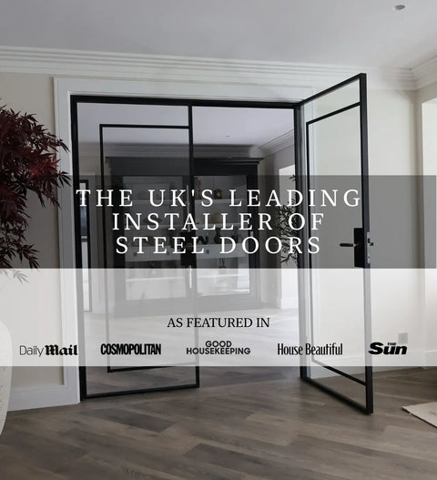 Modern interior with open steel doors, featuring text about a leading installer of steel doors.