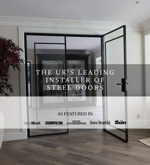 Modern interior with open steel doors, featuring text about steel door installation.