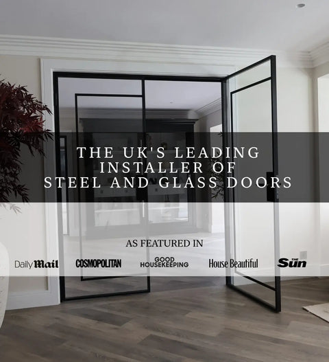 Black steel and glass interior doors installed in a modern room with wood flooring, featuring a large open door and a smaller inner door. A dark text banner overlays the center with promotional copy, and several magazine logos appear along the bottom.