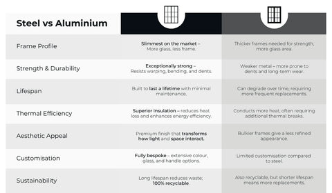 A comparison infographic titled 'Steel vs Aluminium' with a table comparing features such as frame profile, strength and durability, lifespan, thermal efficiency, aesthetic appeal, customization, and sustainability. Two window-style icons at the top represent steel and aluminium profiles.
