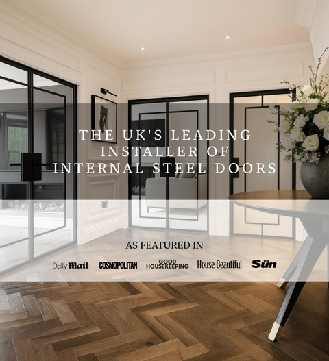 Modern internal steel doors installed in a contemporary interior by Steel Door Company, featuring slim black steel frames and glazing, with overlay text highlighting the UK’s leading installer of internal steel doors and national press coverage including Daily Mail, Cosmopolitan, Good Housekeeping, House Beautiful and The Sun