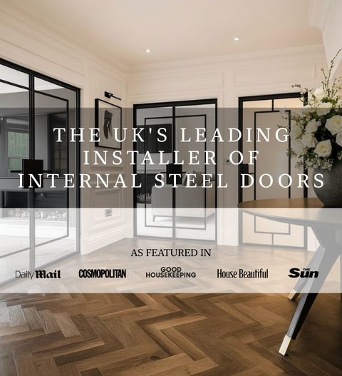 Modern internal steel doors installed in a contemporary interior by Steel Door Company, featuring slim black steel frames and glazing, with overlay text highlighting the UK’s leading installer of internal steel doors and national press coverage including Daily Mail, Cosmopolitan, Good Housekeeping, House Beautiful and The Sun
