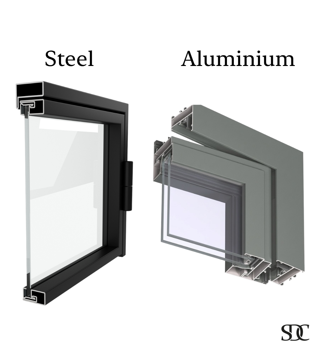 Comparison of steel and aluminium doors on a white background